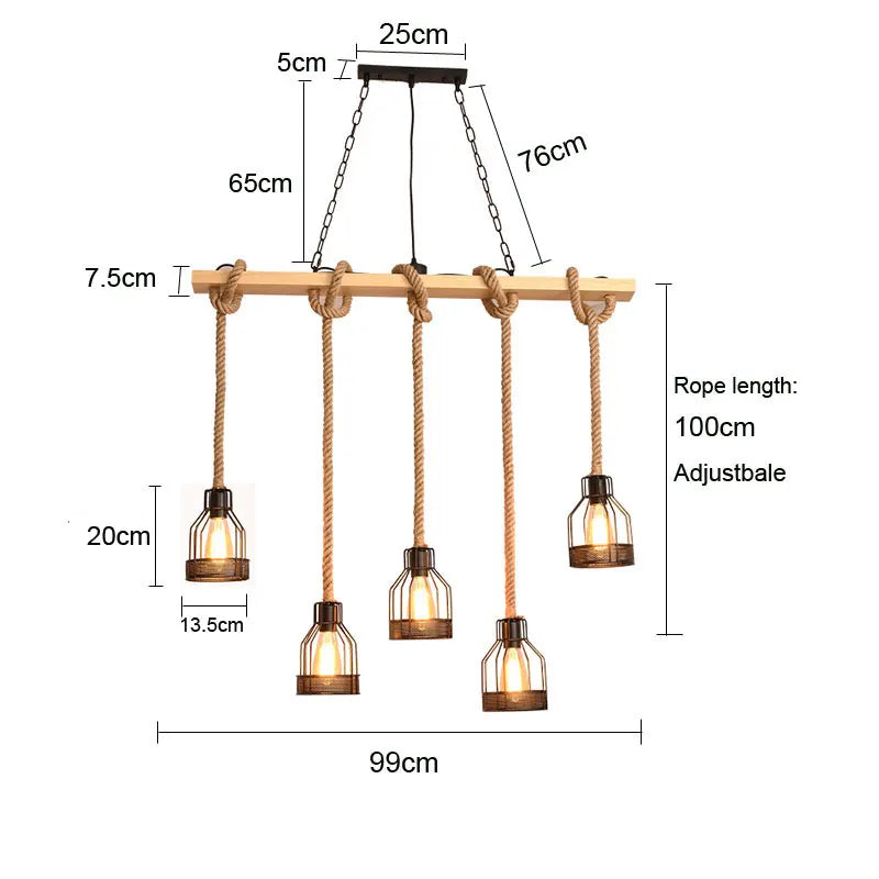 Axyaa Vintage Hemp Rope Wood Ceiling Chandelier Dining Room Pendant Lamp