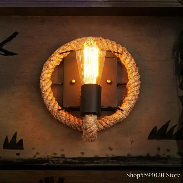 Axyaa Vintage LED Round Hemp Rope Wall Light - Stylish Iron Sconce for Home Decor