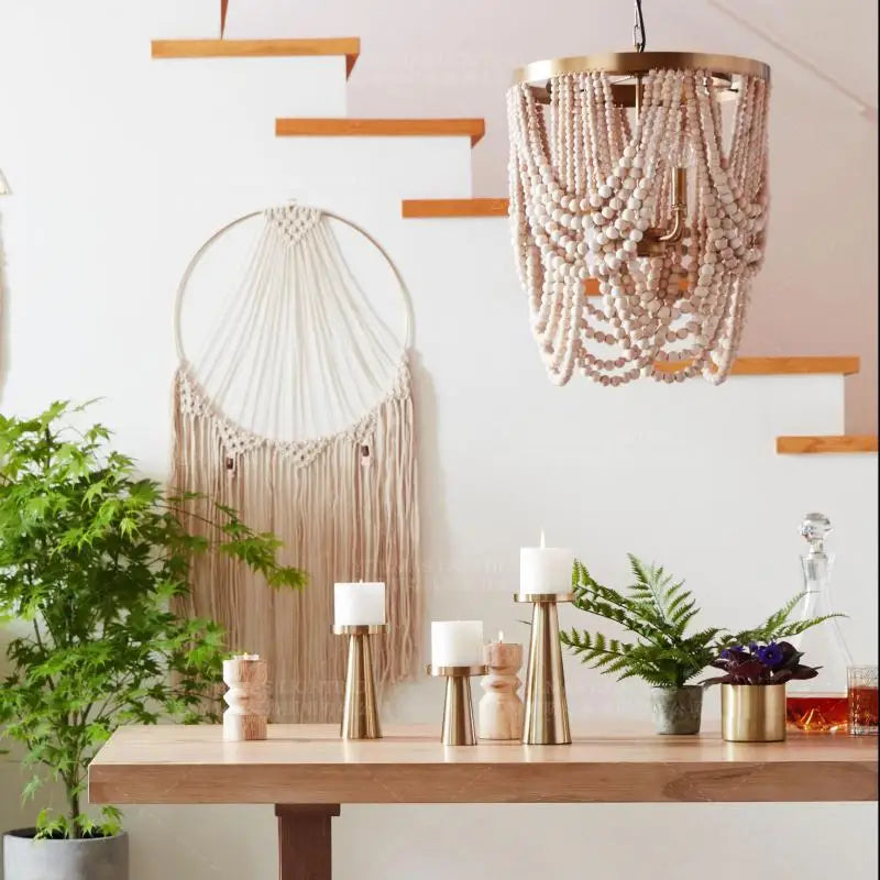 Axyaa Wooden Beaded Chandelier: Fringe Hanging Light for Kitchen, Baby Kids Room, Bedroom