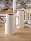 Axya White Ceramic Vinegar Oil Bottle with Sealed Wooden Lid