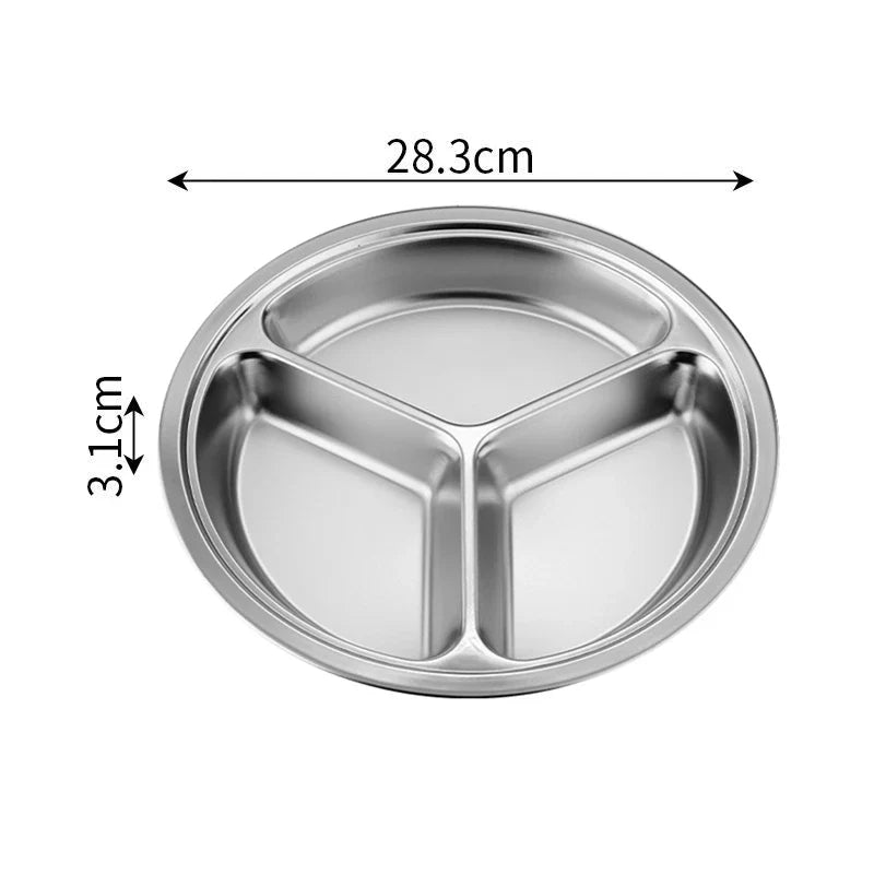 Axyaa Stainless Steel Divided Round Serving Tray Dinner Plates Canteen Lunch Dishes