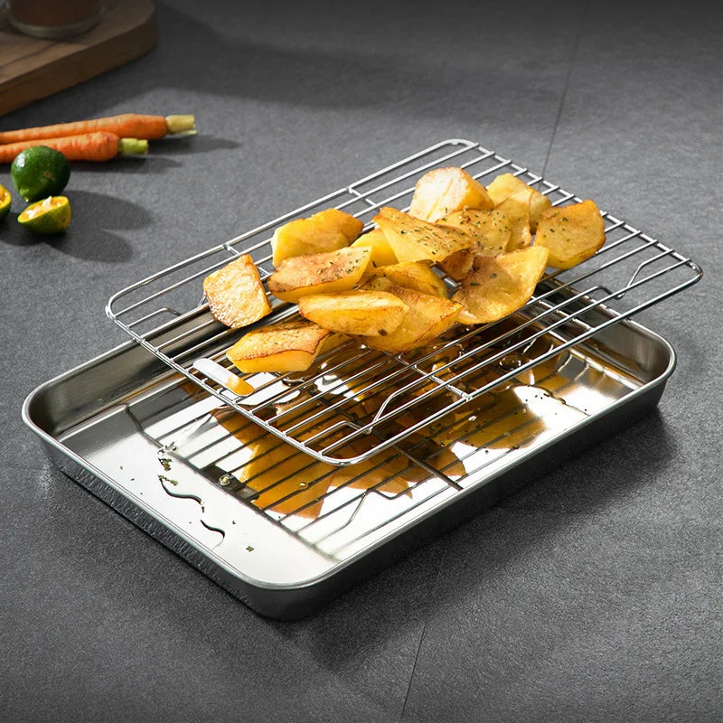 Axyaa Stainless Steel Food Storage Tray and Grid - Bakeware Set for Baking, Cooling, and Serving