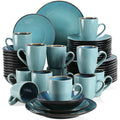 Axyaa Vintage Blue/Brown Stoneware Tableware Set: Plates, Bowls, Cups - 16/32/48 Pieces