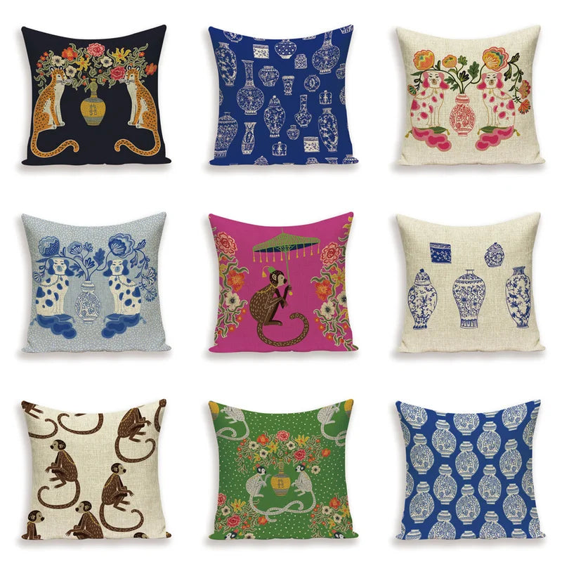 Axyaa Monkey Floral Pillow Cover - Vibrant Flower Vase Home Decor