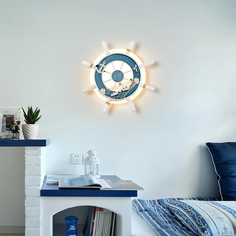 Axya LED Acrylic&Wood Wall Hanging Light, Blue White Ship Rudder Theme