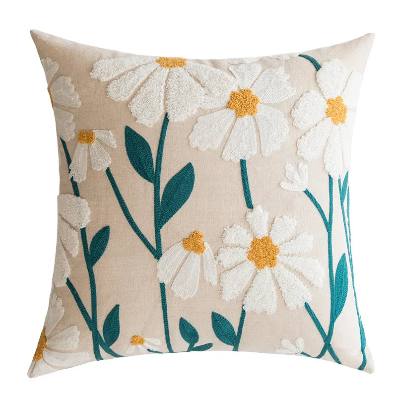 Daisy Floral Geometric Embroidery Pillow Cover 45x45cm Yellow Blue Soft Cozy