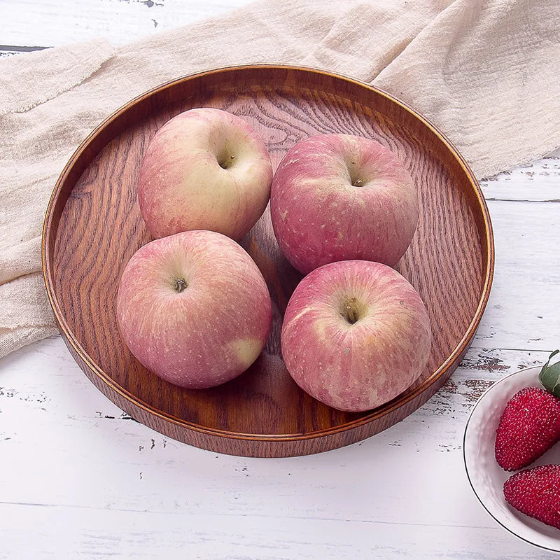 Axya Round Red Black Wooden Pallet Tea Tray Western Dishes Multifunctional Storage Plate