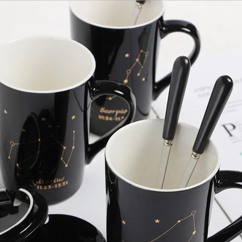 Axya 12 Constellations Ceramic Mug Spoon Lid Black Gold Porcelain Zodiac Coffee Cup