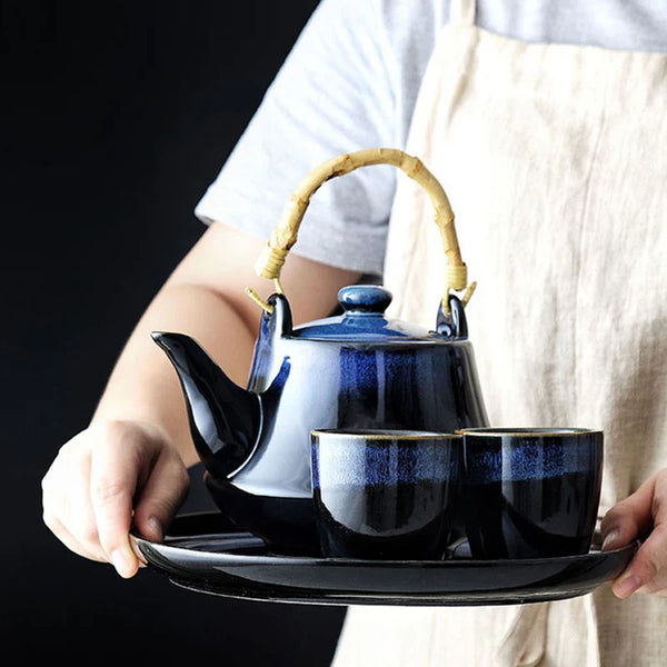 Axya Blue Ceramic Tea Kettle Set - Japanese Kiln Glaze Teaware Set