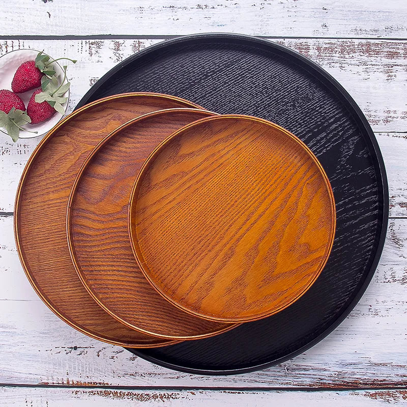 Axya Round Red Black Wooden Pallet Tea Tray Western Dishes Multifunctional Storage Plate