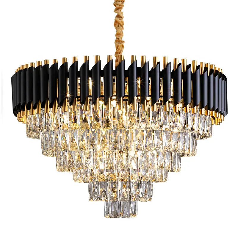 Axyaa Black Gold Metal LED Chandelier - Modern Luxury Crystal Hanging Lamp