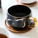 Axyaa 300ml Marble Ceramic Tea Coffee Cups with Wood Saucers, Black White Gold Inlay