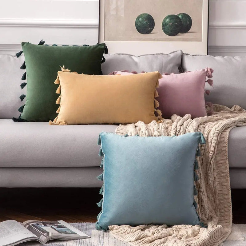 Velvet Tassel Throw Pillow Cover for Couch & Sofa - Axyaa Branded Luxe Accent Cushions