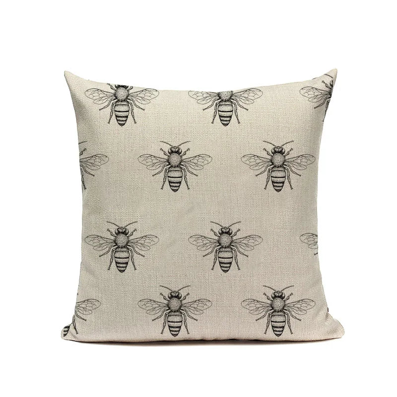 Axyaa Bee Pattern Linen Cushion Cover - Nordic Decorative Throw Pillow Case
