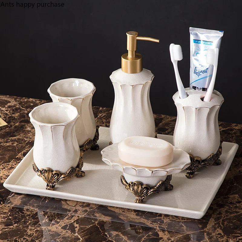 Axya Retro Ceramic Bathroom Set - Lotion Bottle Toothbrush Holder Soap Dish Cup