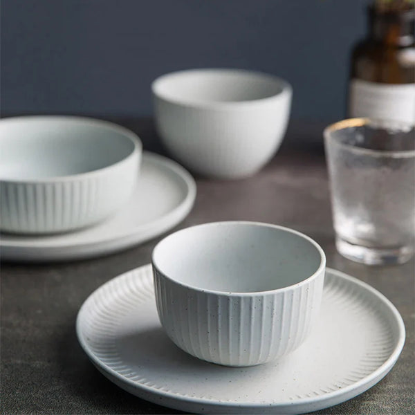 Axya Ceramic Dessert Plate Set: White Dot Design, Restaurant Quality Tableware & Rice Bowl