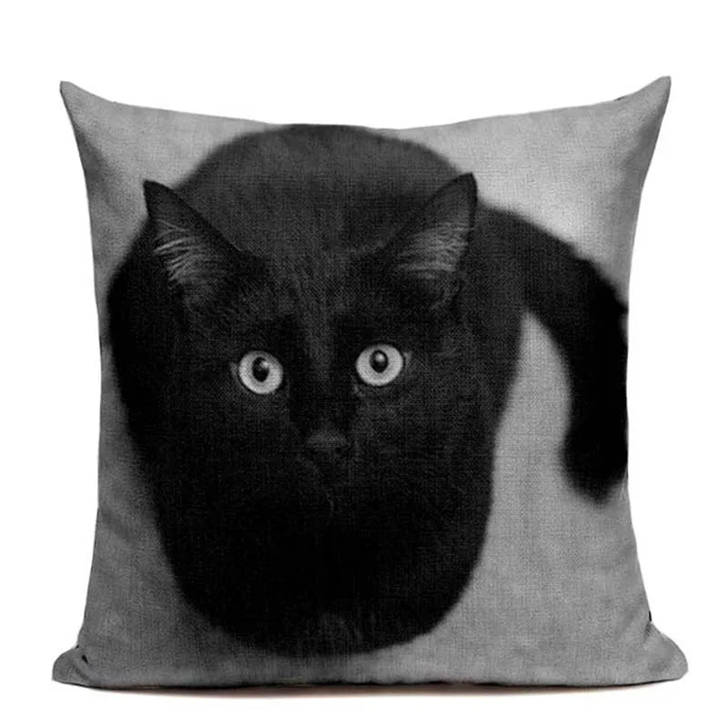 Axyaa Cute Cat Hand-Painted Linen Pillow Cover Black White Yellow