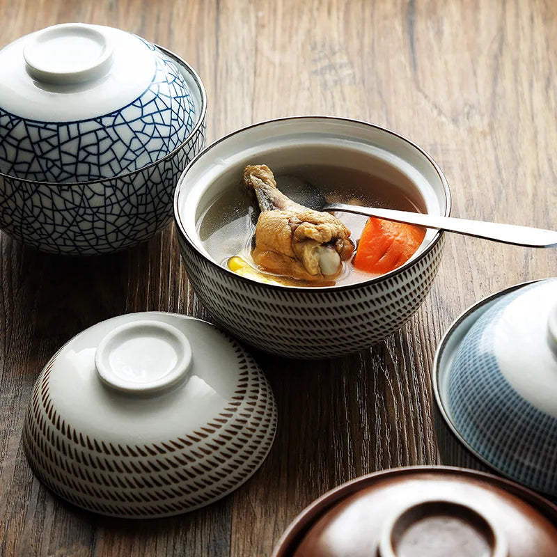 Axya Ceramic Japanese Style Soup Bowl Set - Under Glazed Color, Stew Tureen, 4.5/6.5 inch