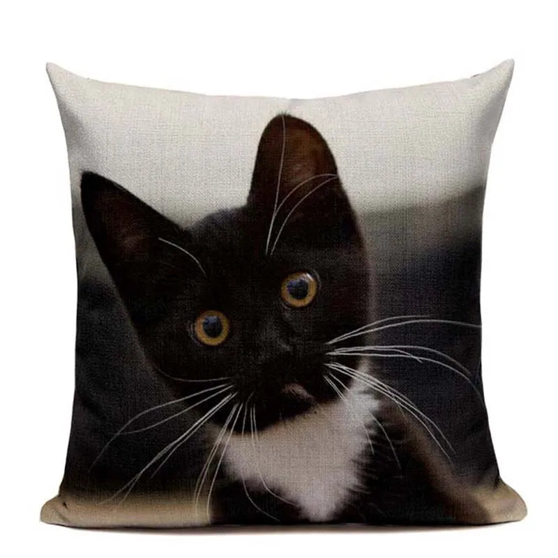 Axyaa Cute Cat Hand-Painted Linen Pillow Cover Black White Yellow