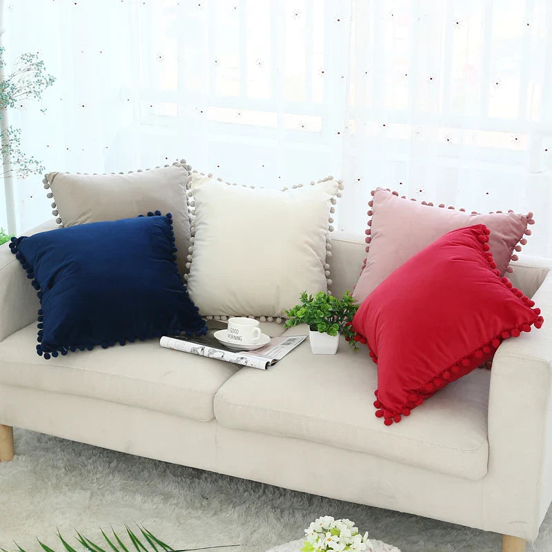 Axyaa Soft Velvet Pompom Ball Pillow Covers in Pink, Red, Blue, Ivory