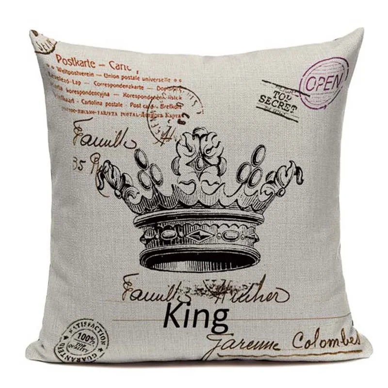 Axyaa Crown Design Cotton Linen Blended Cushion Cover - King Queen Letter Pillowcase