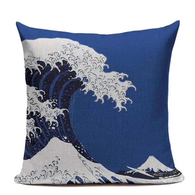 Axyaa Japanese Print Linen Cushion Covers - Fuji Kimono Girl Sea Theme