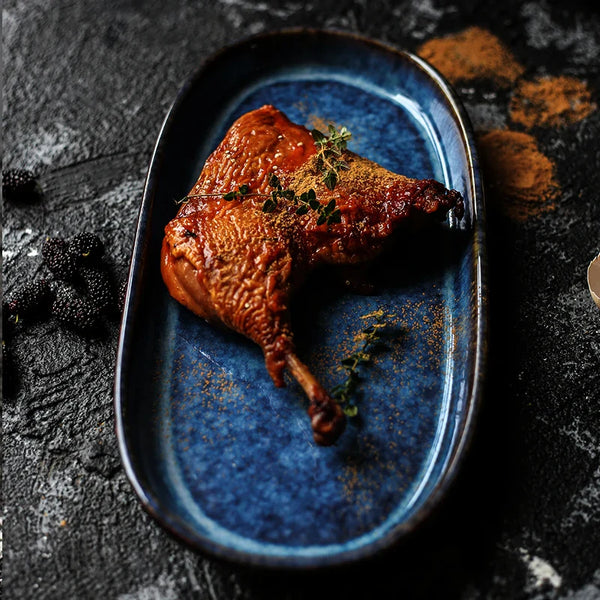 Axya Deep Blue Ceramic Fish Plate - 12 inch Oval Dish