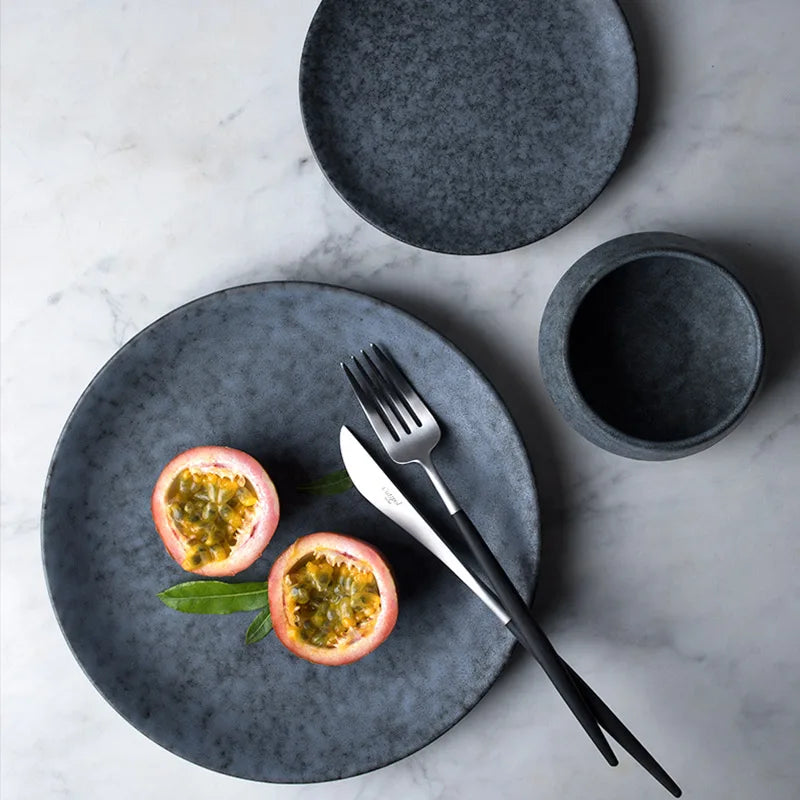 Axya Grey Marble Ceramic Dinner Plate - Solid Color Round Dish for Home