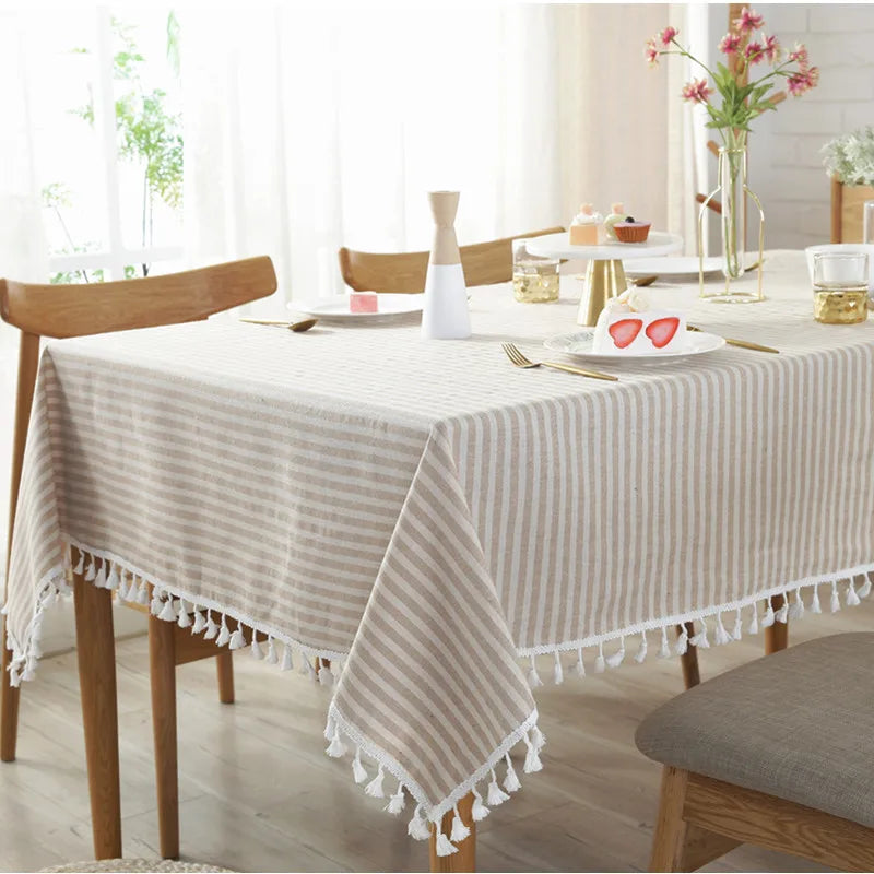 Axya Striped Cotton Linen Tablecloth with Tassels - Quality Dining Table Cover