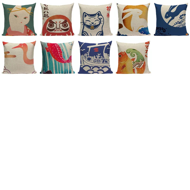 Axyaa Japanese Style Sofa Pillow Cover 45x45cm - Jin Wind and Carp Pattern