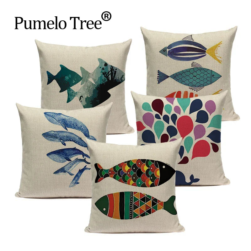 Colorful Fish Pattern Linen Cushion Cover by Axyaa