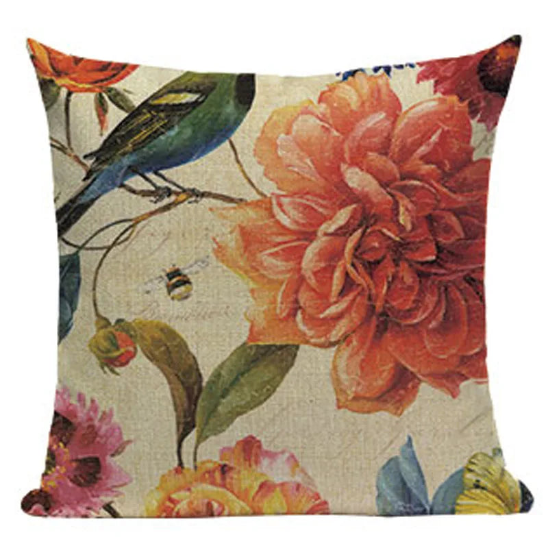 Axyaa Retro Bird Text Flower Cotton Linen Cushion Cover