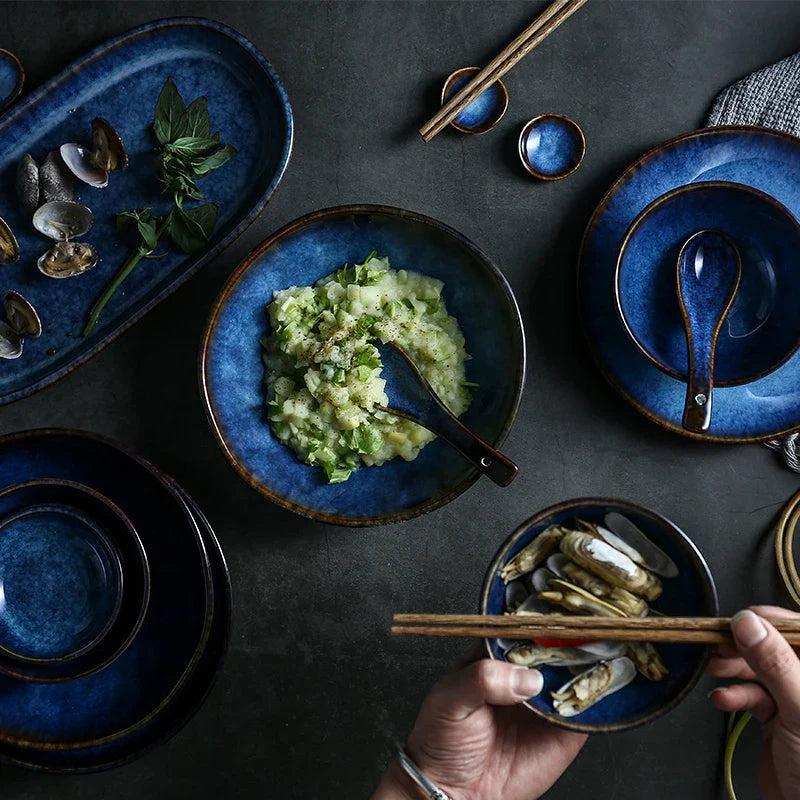 Axya Deep Blue Ceramic Dinner Set for 6: Plates, Bowls, Cups, Sauce Dishes