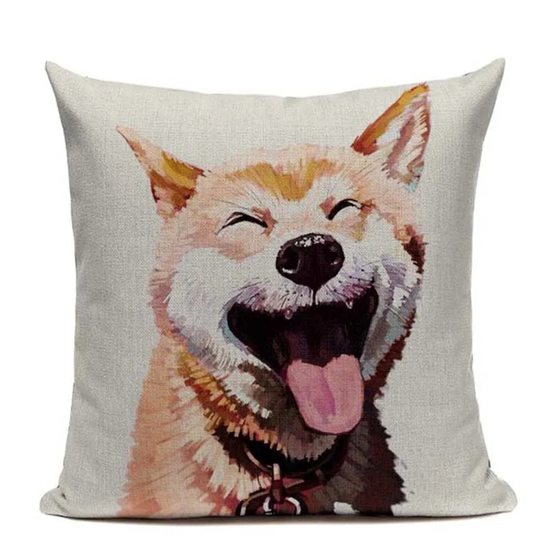 Animal Dog Cushion Cover French Bulldog Pug Pillowcase Woven Linen Decor Home Axyaa