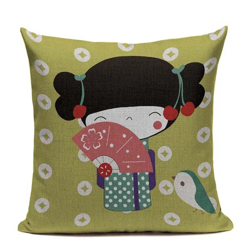 Axyaa Japanese Print Linen Cushion Covers - Fuji Kimono Girl Sea Theme
