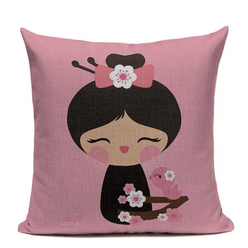 Axyaa Japanese Print Linen Cushion Covers - Fuji Kimono Girl Sea Theme