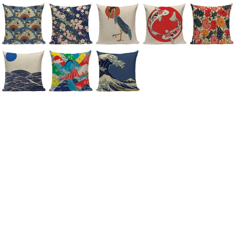 Axyaa Japanese Style Decorative Cushion Covers- Crane Fish Design for Home Decor