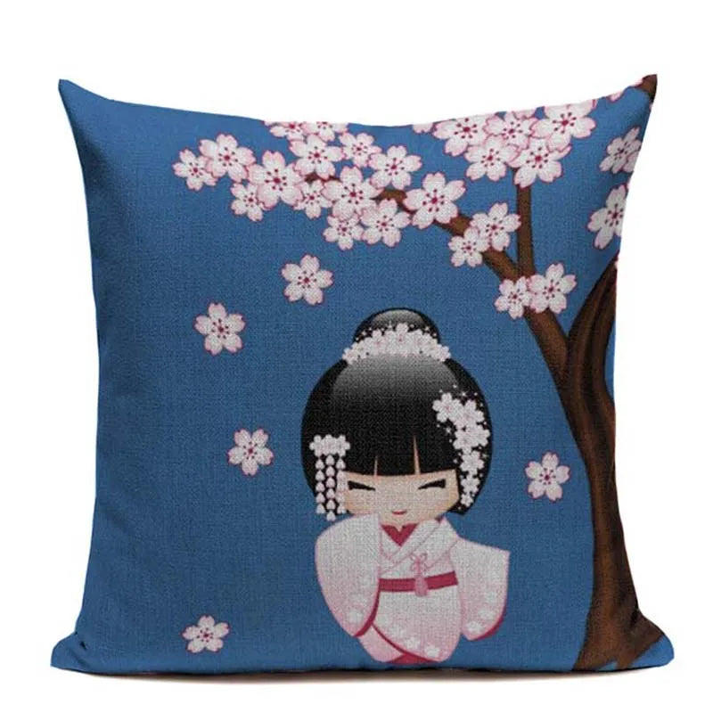 Axyaa Japanese Print Linen Cushion Covers - Fuji Kimono Girl Sea Theme