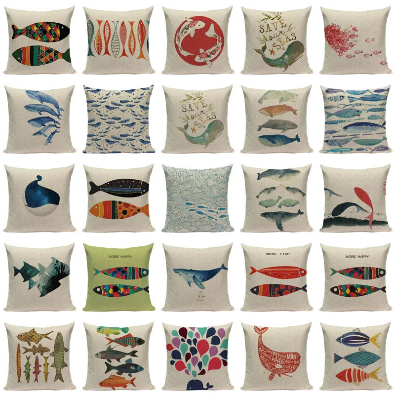 Colorful Fish Pattern Linen Cushion Cover by Axyaa