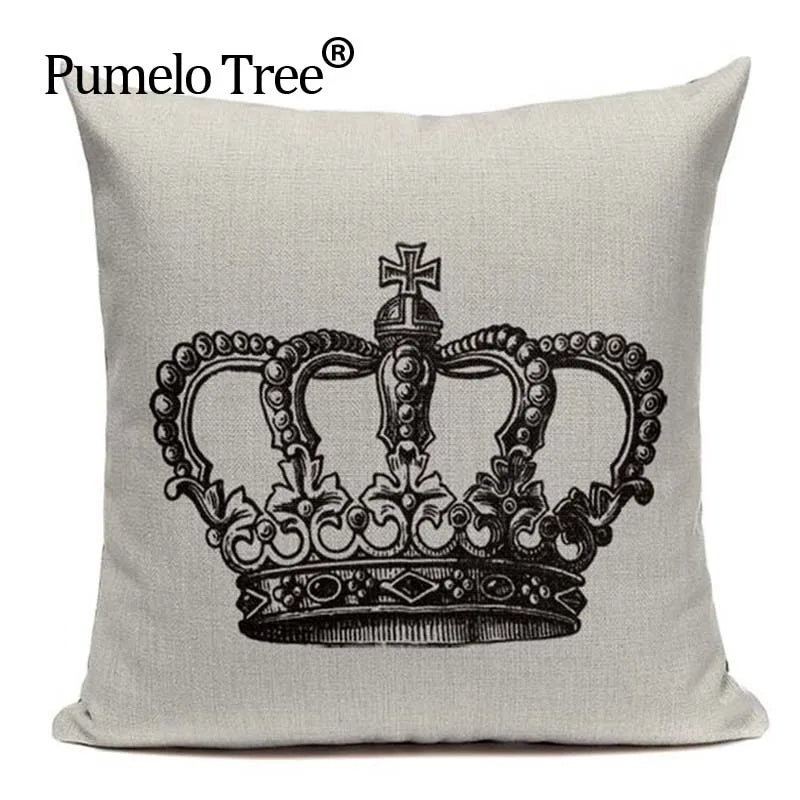 Axyaa Crown Design Cotton Linen Blended Cushion Cover - King Queen Letter Pillowcase