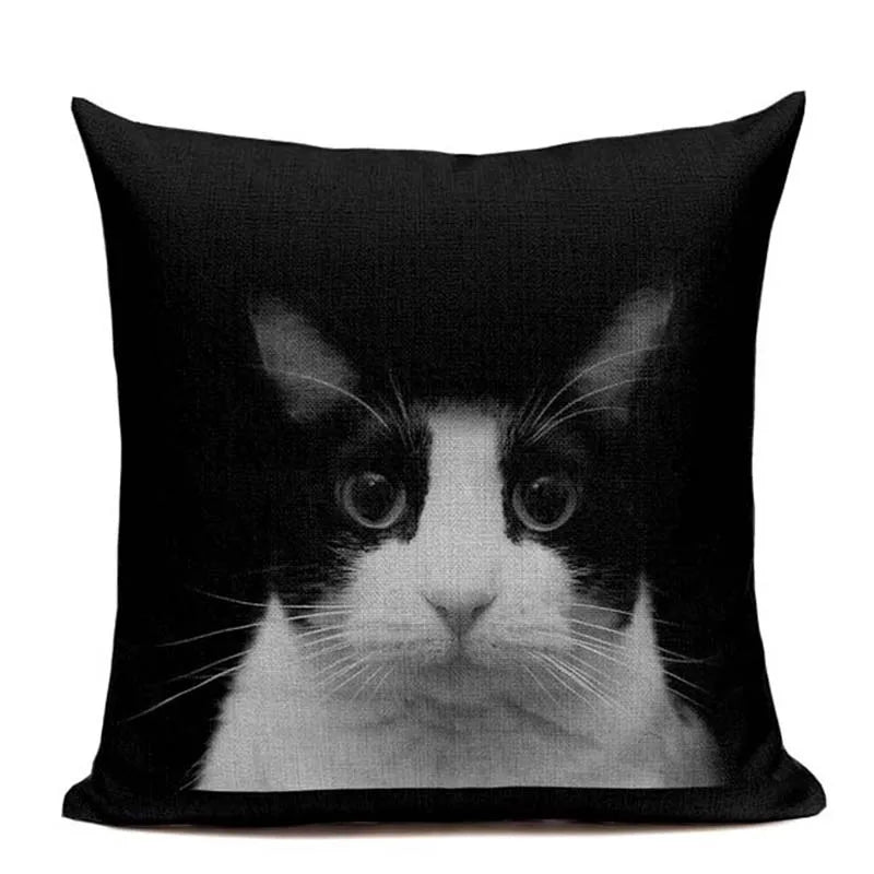Axyaa Cute Cat Hand-Painted Linen Pillow Cover Black White Yellow