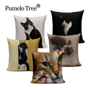 Axyaa Cute Cat Hand-Painted Linen Pillow Cover Black White Yellow