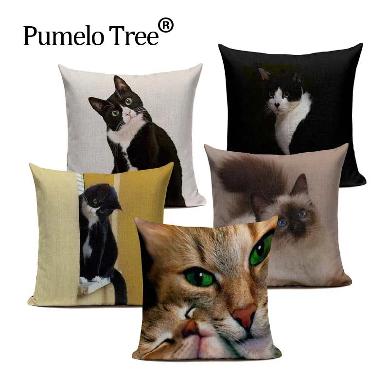 Axyaa Cute Cat Hand-Painted Linen Pillow Cover Black White Yellow