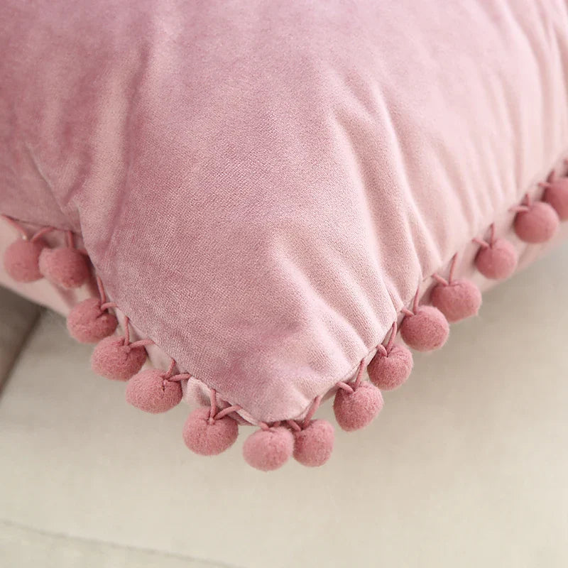 Axyaa Soft Velvet Pompom Ball Pillow Covers in Pink, Red, Blue, Ivory