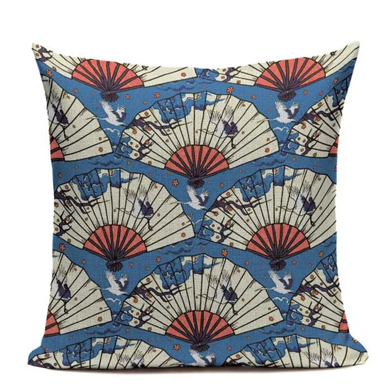 Axyaa Japanese Print Linen Cushion Covers - Fuji Kimono Girl Sea Theme