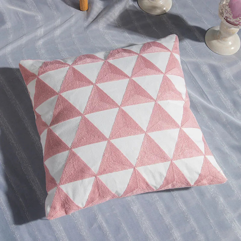 Pink Geometric Embroidered Cushion Cover by Axyaa - 45x45cm Cotton Pillow Case