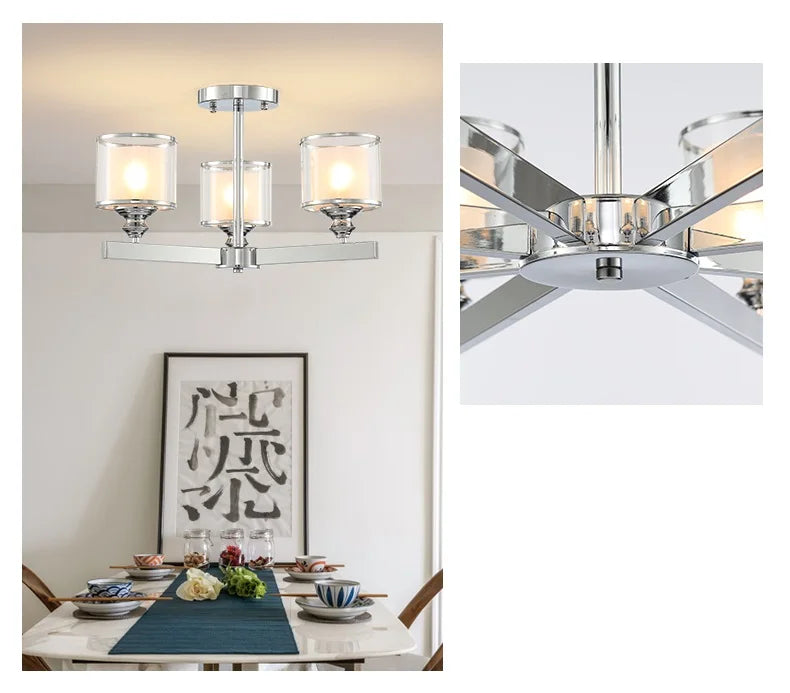 Axyaa Chrome Metal Crystal Chandelier with Double Glass Shades