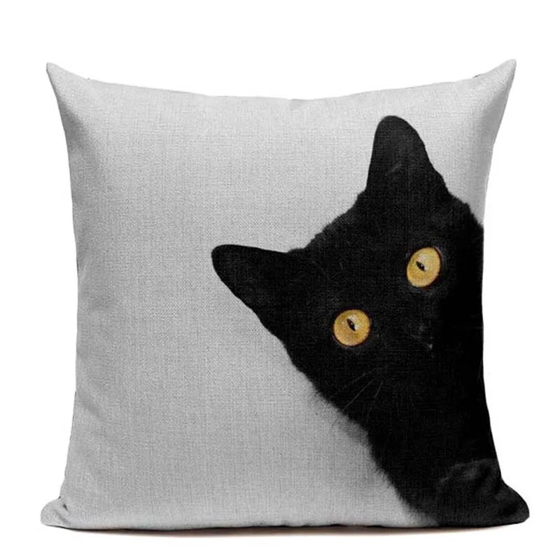 Axyaa Cute Cat Hand-Painted Linen Pillow Cover Black White Yellow