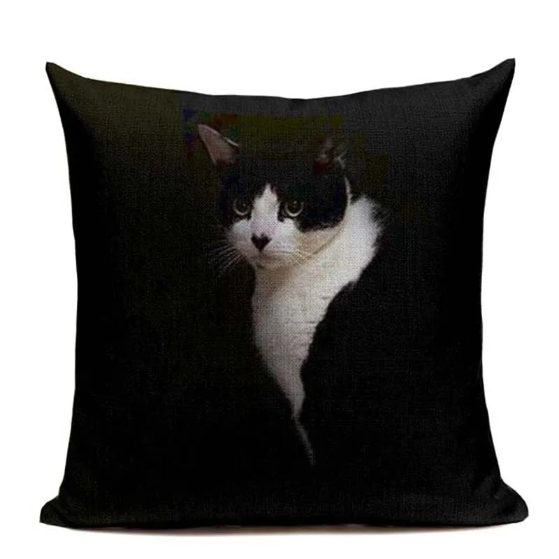 Axyaa Cute Cat Hand-Painted Linen Pillow Cover Black White Yellow