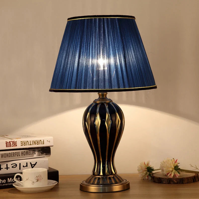 Axya Antique Blue Ceramic Desk Lamp - Hand Painted Living Room Bedside Light